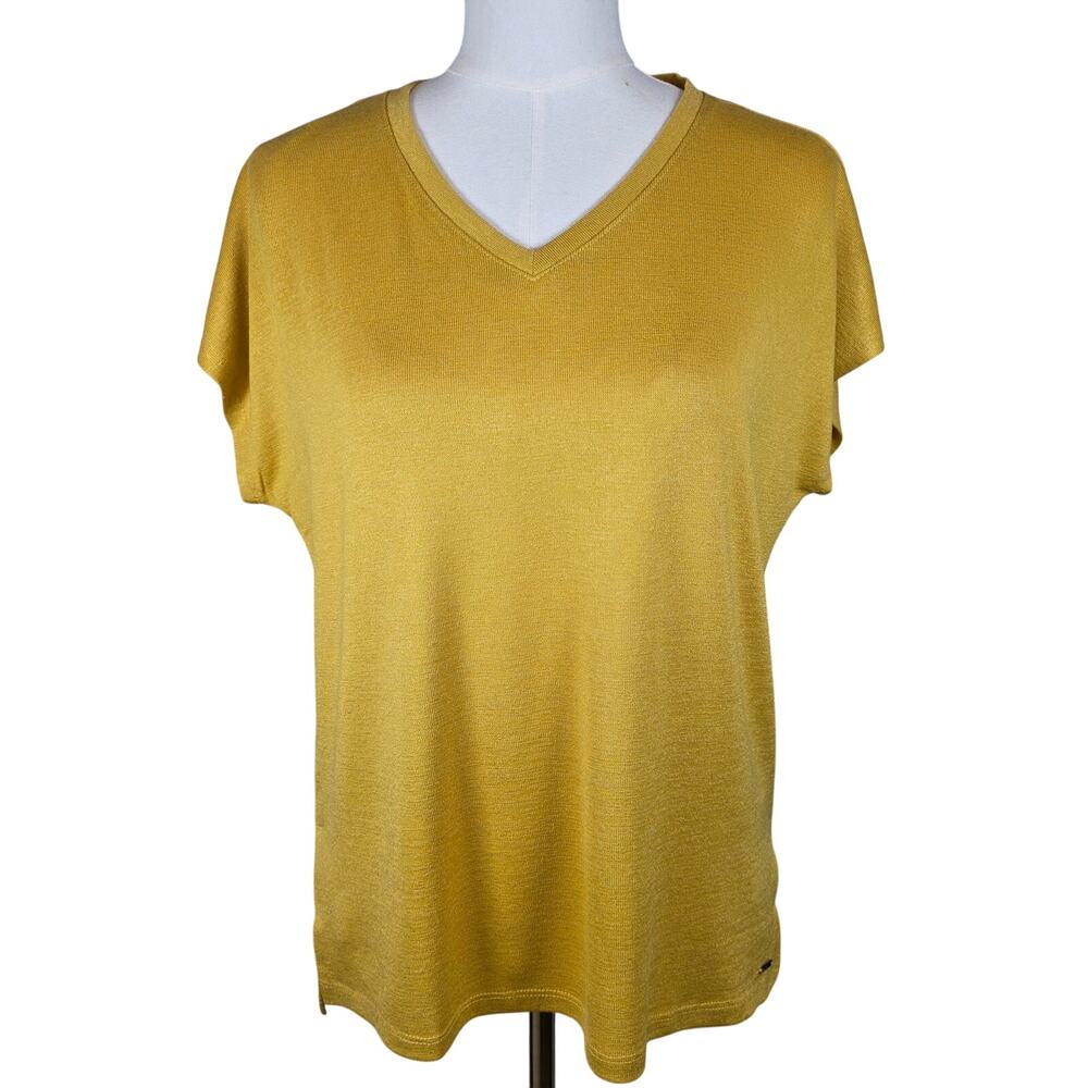 Orvis Mustard Tunic Cap-Sleeve V-Neck Lightweight Blouse